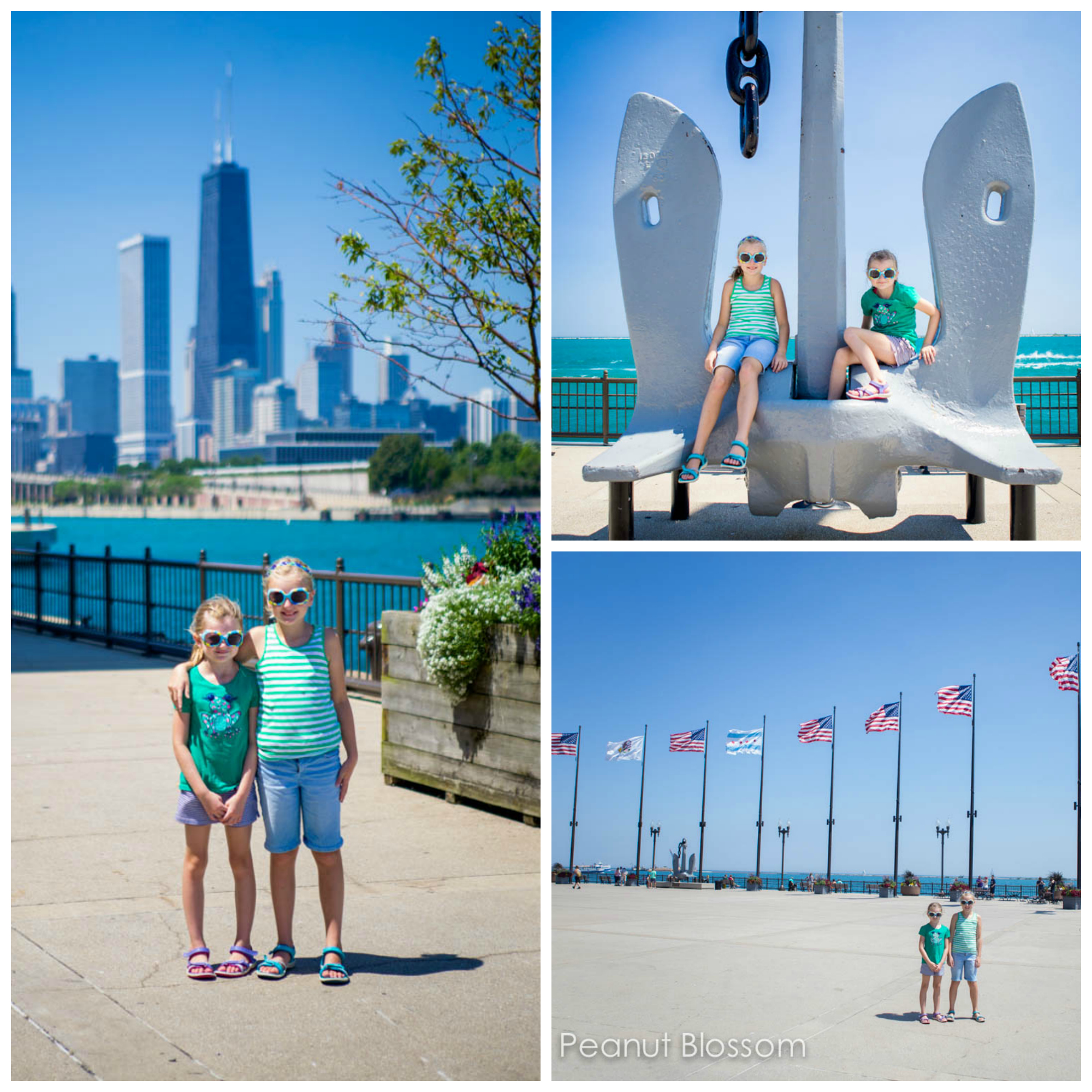 The photo collage shows two little girls visiting the pier on the lakefront.