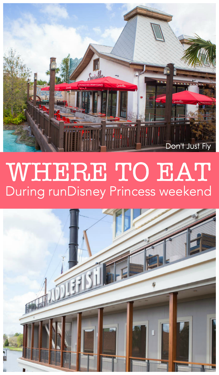 Where to eat during your run Disney Princess weekend: The outside of Sprinkles and Paddlefish restaurants in Disney Springs.