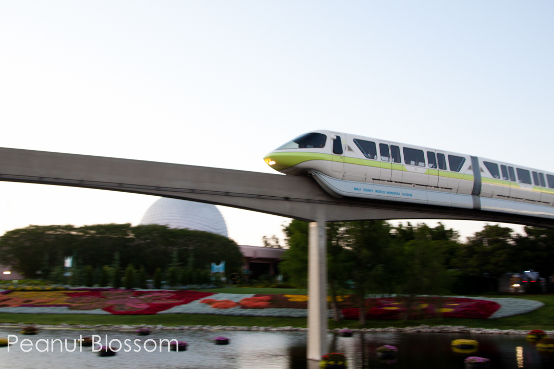 The Disney monorail is driving past the EPCOT ball.