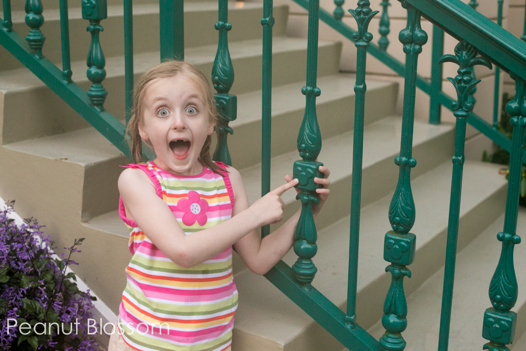 A young girl is shocked and pointing at a hidden Mickey on a railing.