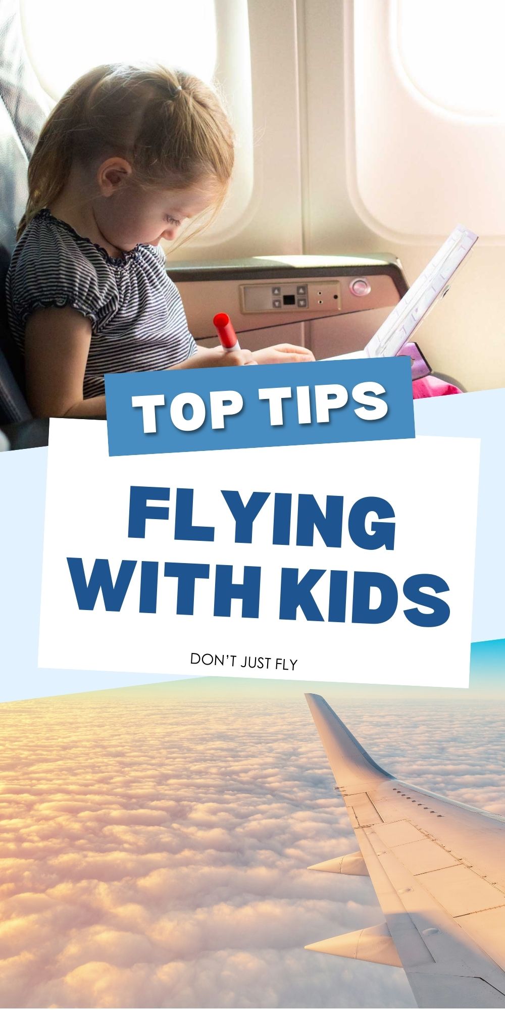 The photo collage shows a young girl on an airplane next to a photo of the wing over the clouds.