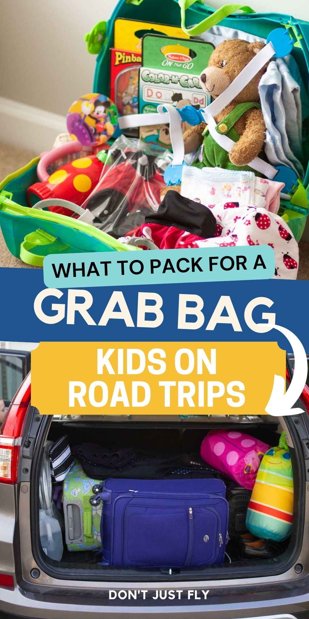 The photos show a peek of what to pack for kids on a road trip and the back of the trunk filled with bags.