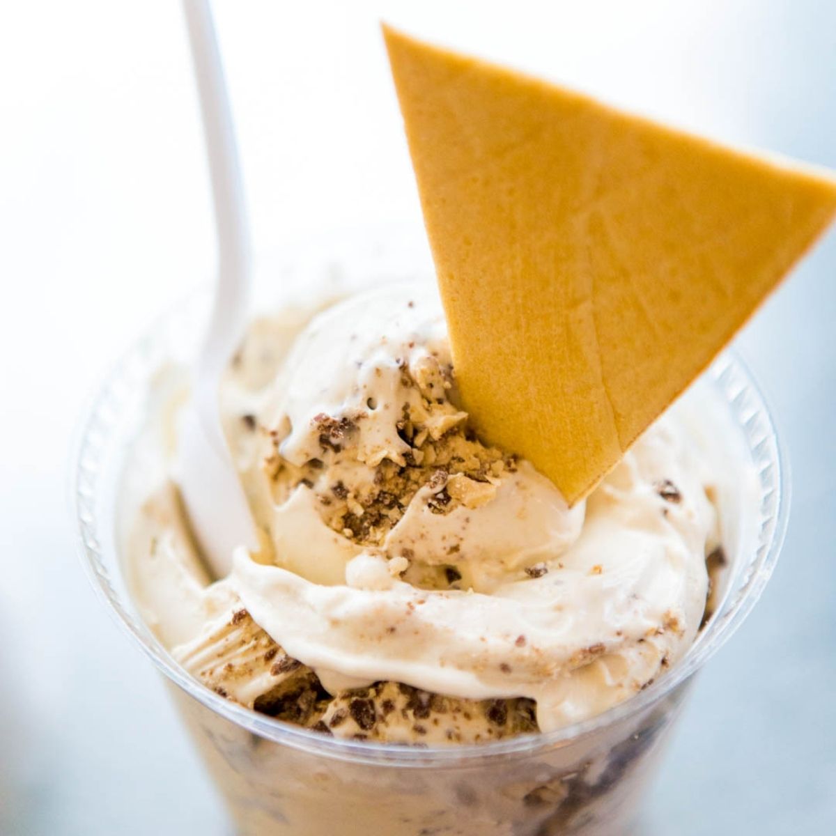 A scoop of frozen custard with a triangle wafer cookie.