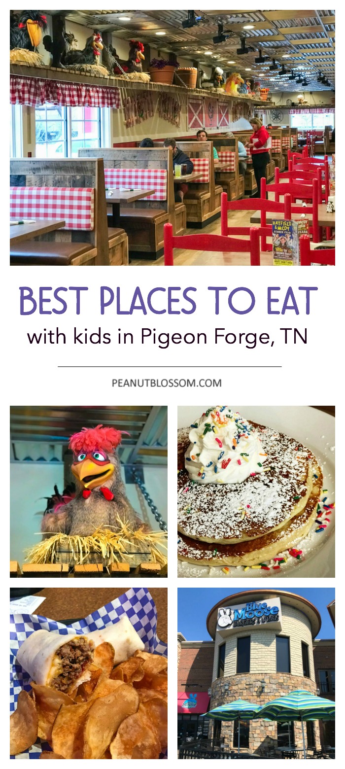 A photo collage shows several places to eat with kids in Pigeon Forge