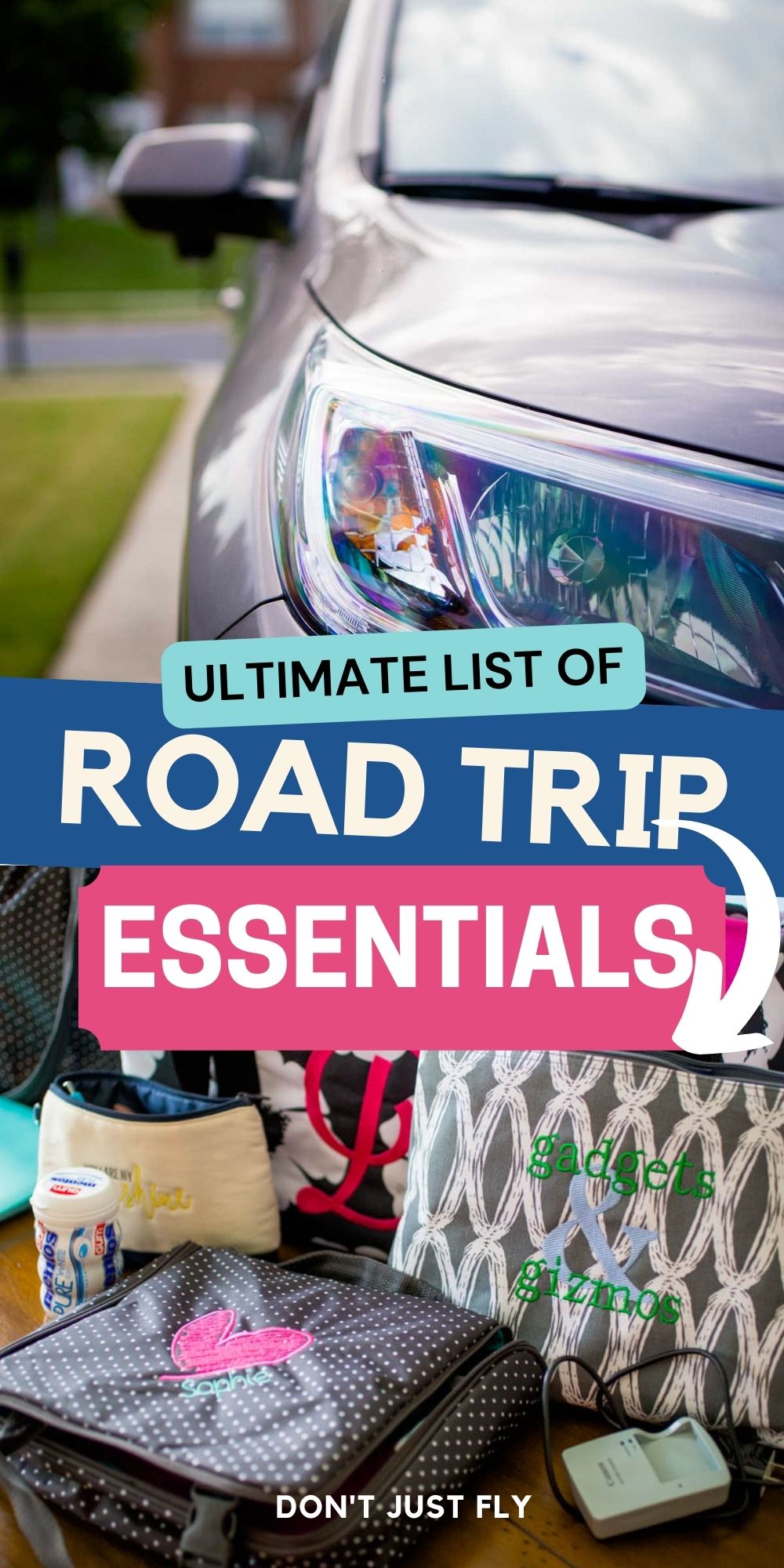 A photo collage shows a car and a pile of things to pack for a road trip.