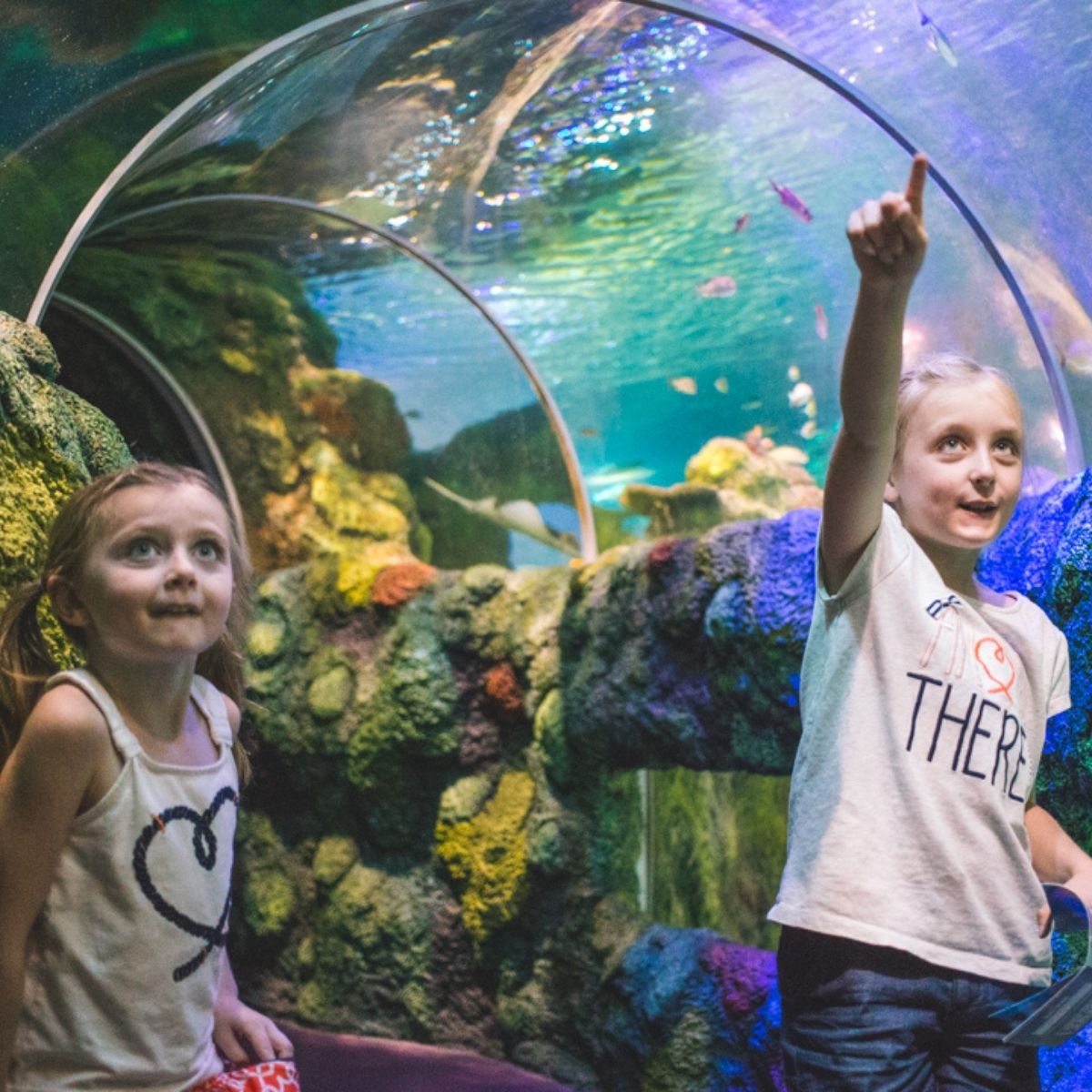 Two girls in the undersea tube at the SeaLife Aquarium.