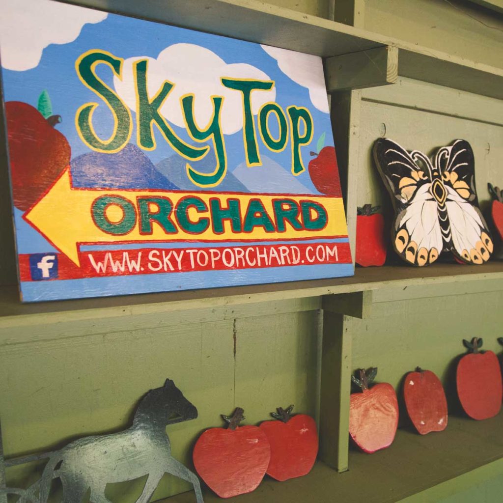 The SkyTop Orchard painted sign points towards the apple picking.