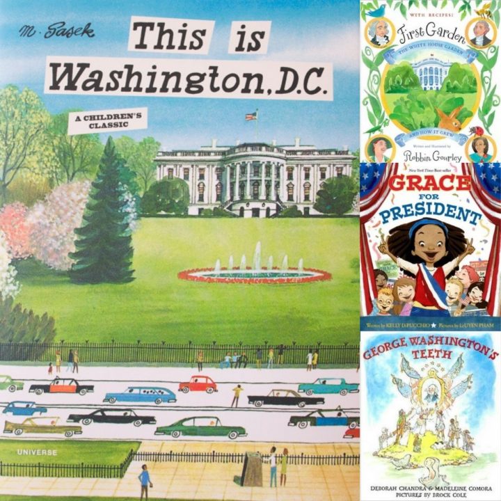 A collage of picture book covers about Washington DC.