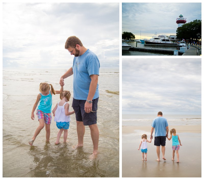 Having a romantic getaway with the kids | Peanut Blossom The photo collage shows a dad with his two young daughters on Hilton Head beach.