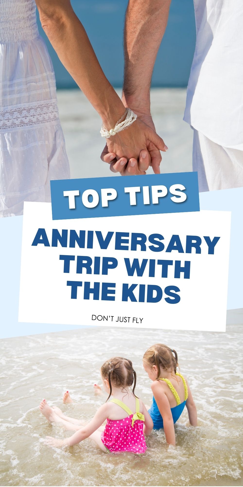 The photo collage shows a couple holding hands on the beach next to two young girls playing in the water.