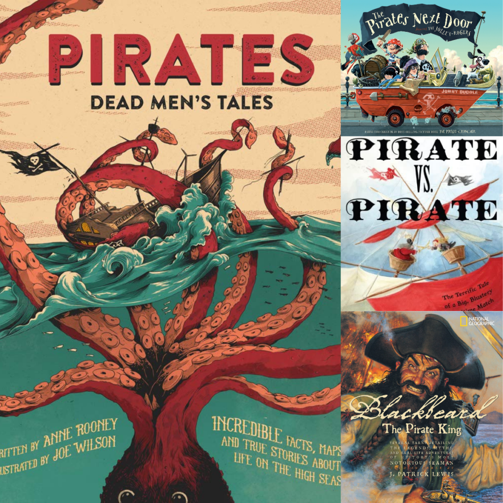 A collage of pirate themed books for kids.