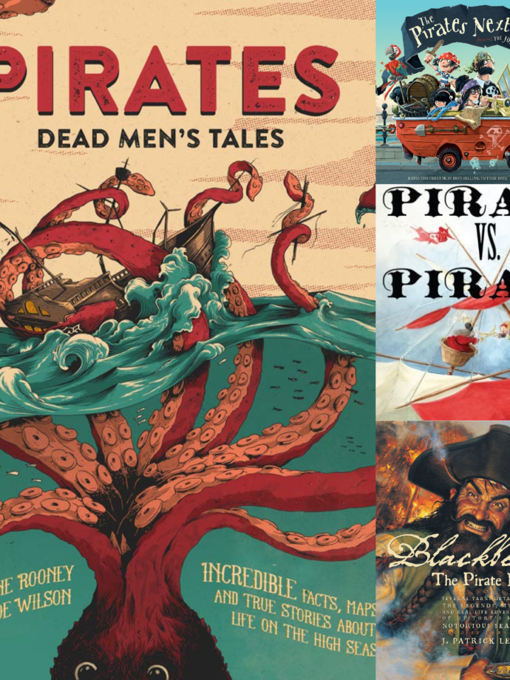 A collage of pirate themed books for kids.