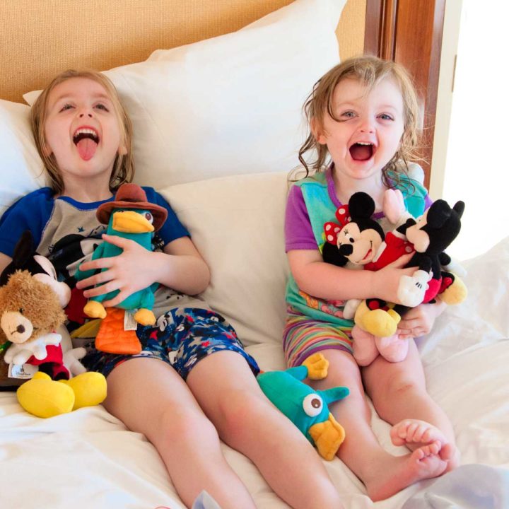 Two girls hold a pile of stuffed animals and are goofing around.