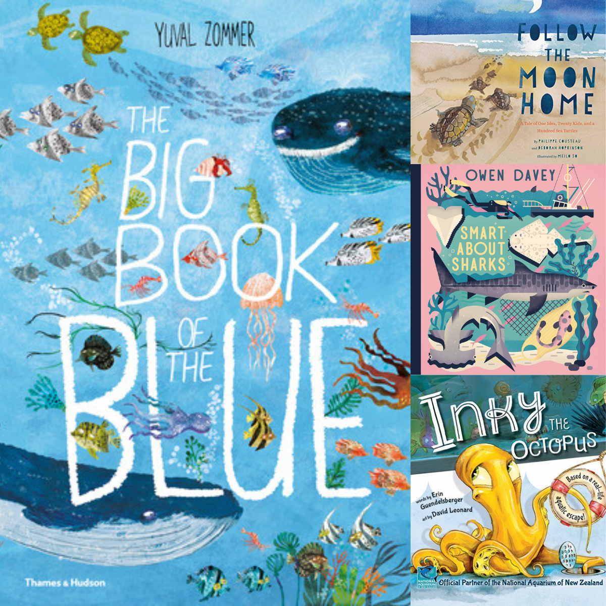 A collage of picture book covers from a list of ocean books for kids. 