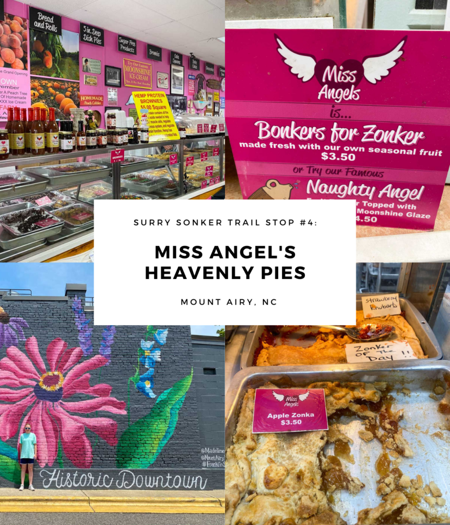 A collage of images that show the outside of Miss Angel's Heavenly Pies in Mount Airy, NC.