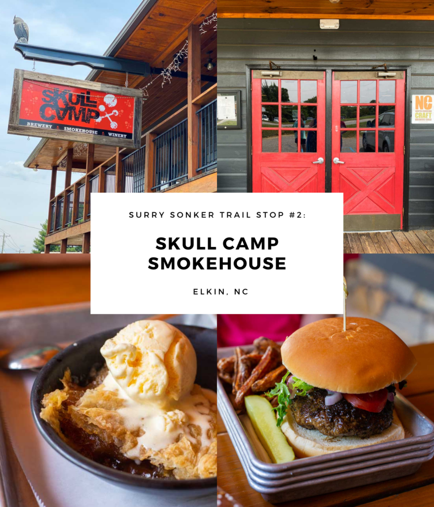 A collage of images that show the outside of Skull Camp Smokehouse in Elkin, NC.