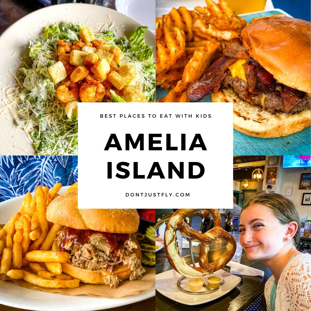 A photo collage shows several restaurants in Amelia Island.