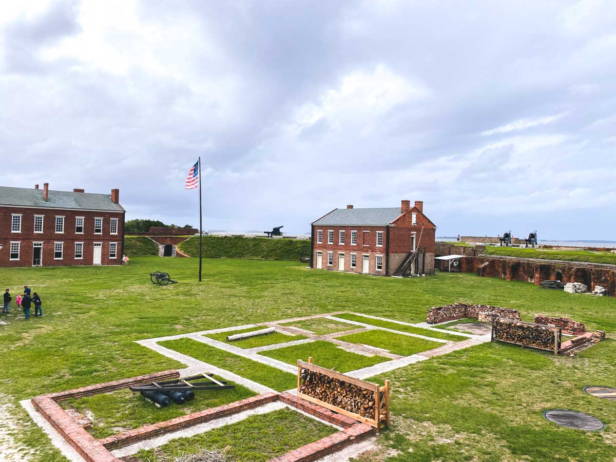 A birds' eye view of the historical center square of Fort Clinch.