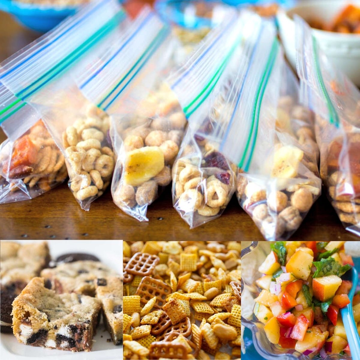 A photo collage shows several of the best snacks to bring to the beach.