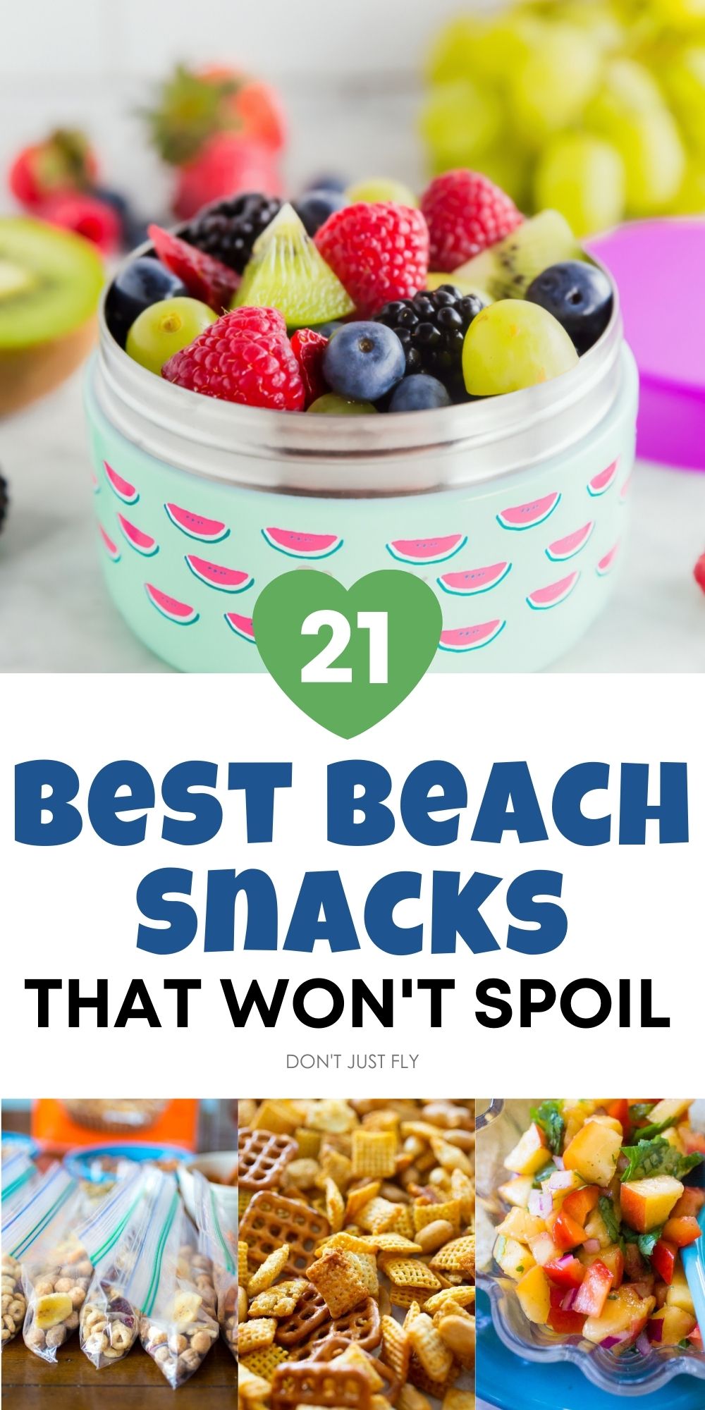 A photo collage shows the best beach snacks. 