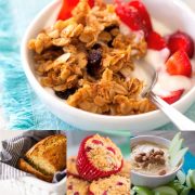 A photo collage shows a sample of easy recipes that make great breakfast ideas for hotel rooms.