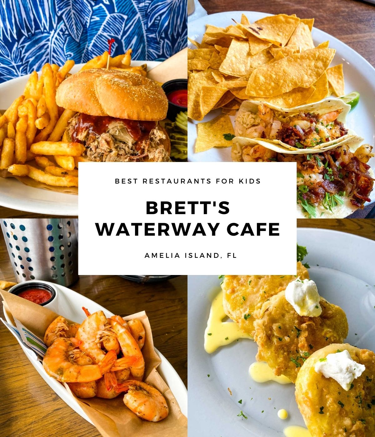 A photo collage shows many of the foods available at Brett's Waterway Cafe in Amelia Island.