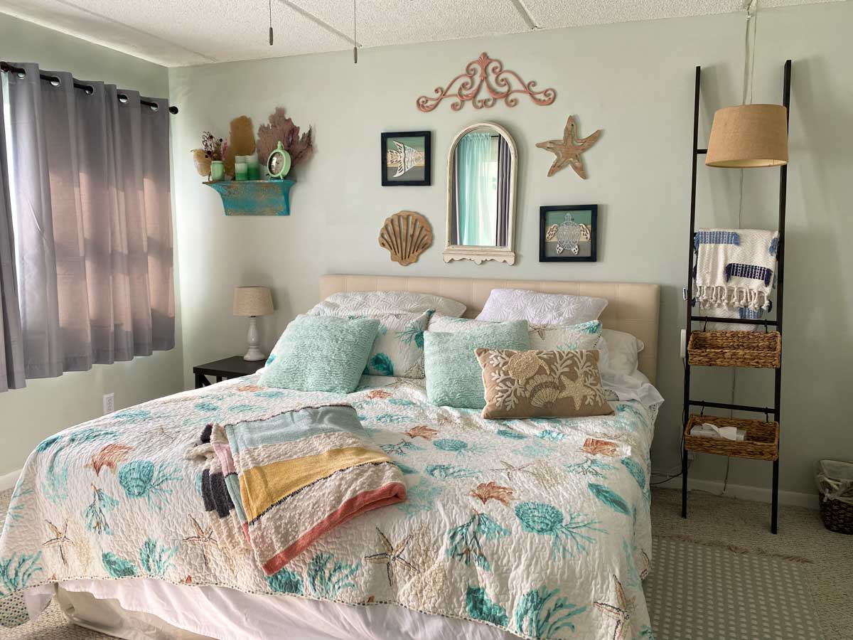 A beach themed bedroom at a beach condo.