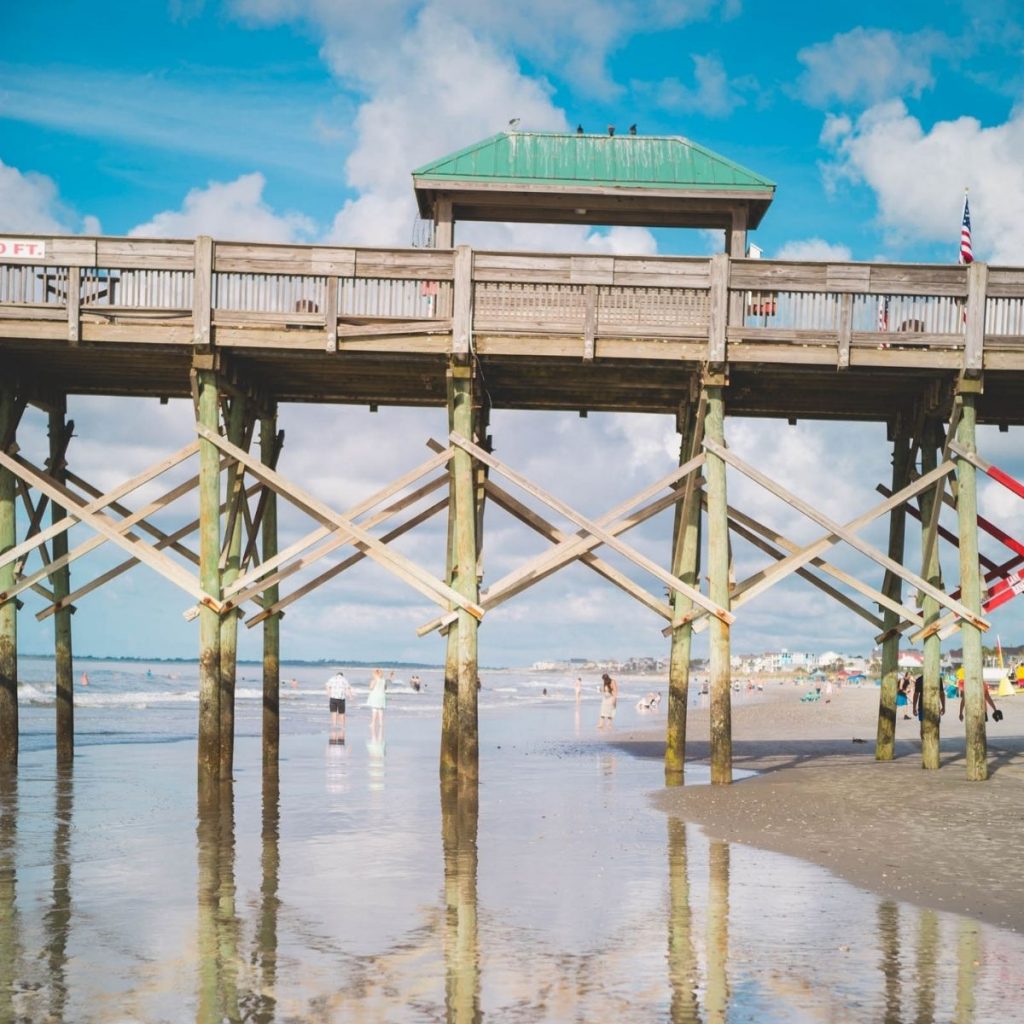 The pier at Folly Beach, SC on a sunny day.