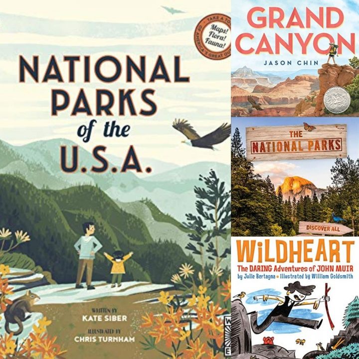 A photo collage of picture books for kids about the national parks.