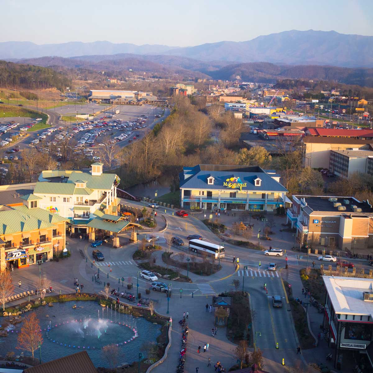 A view of the Great Smoky Mountains surrounding Pigeon Forge from the top of the Great Smoky Mountain Ferris Wheel.