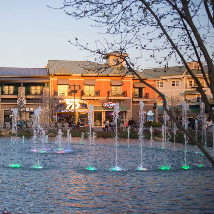 The dancing water fountains at The Island in Pigeon Forge