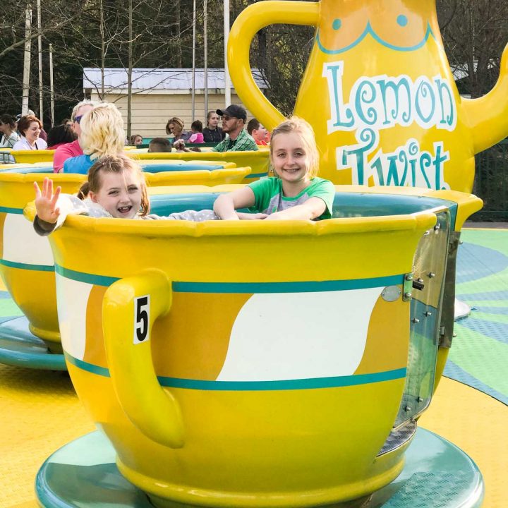 Two young girls sit in the lemon twist tea cup ride.