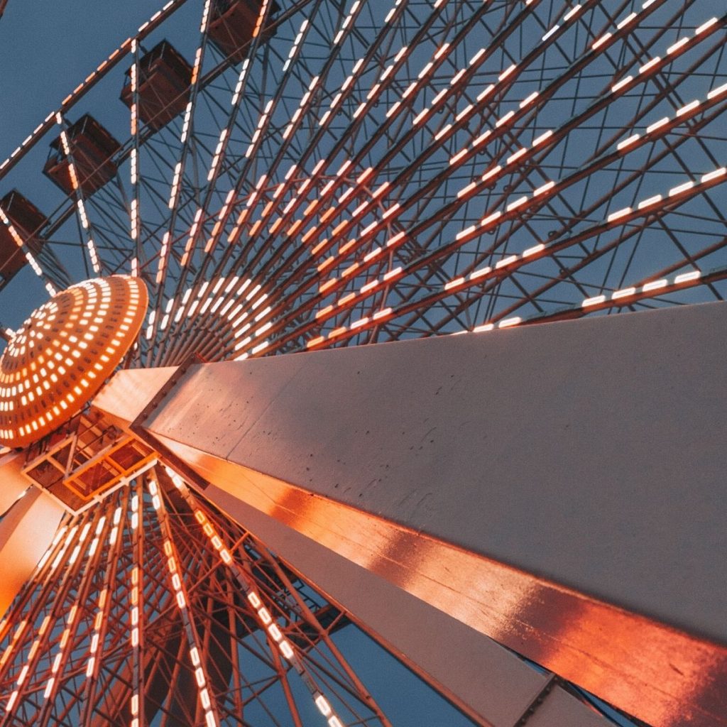 The ferris wheel is all lit up at night against a dark sky in Pigeon Forge.