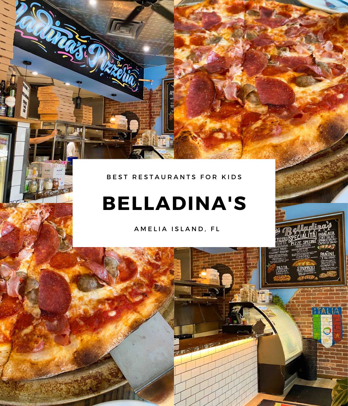Photo collage shows the pizza and ordering counter at Belladina's.