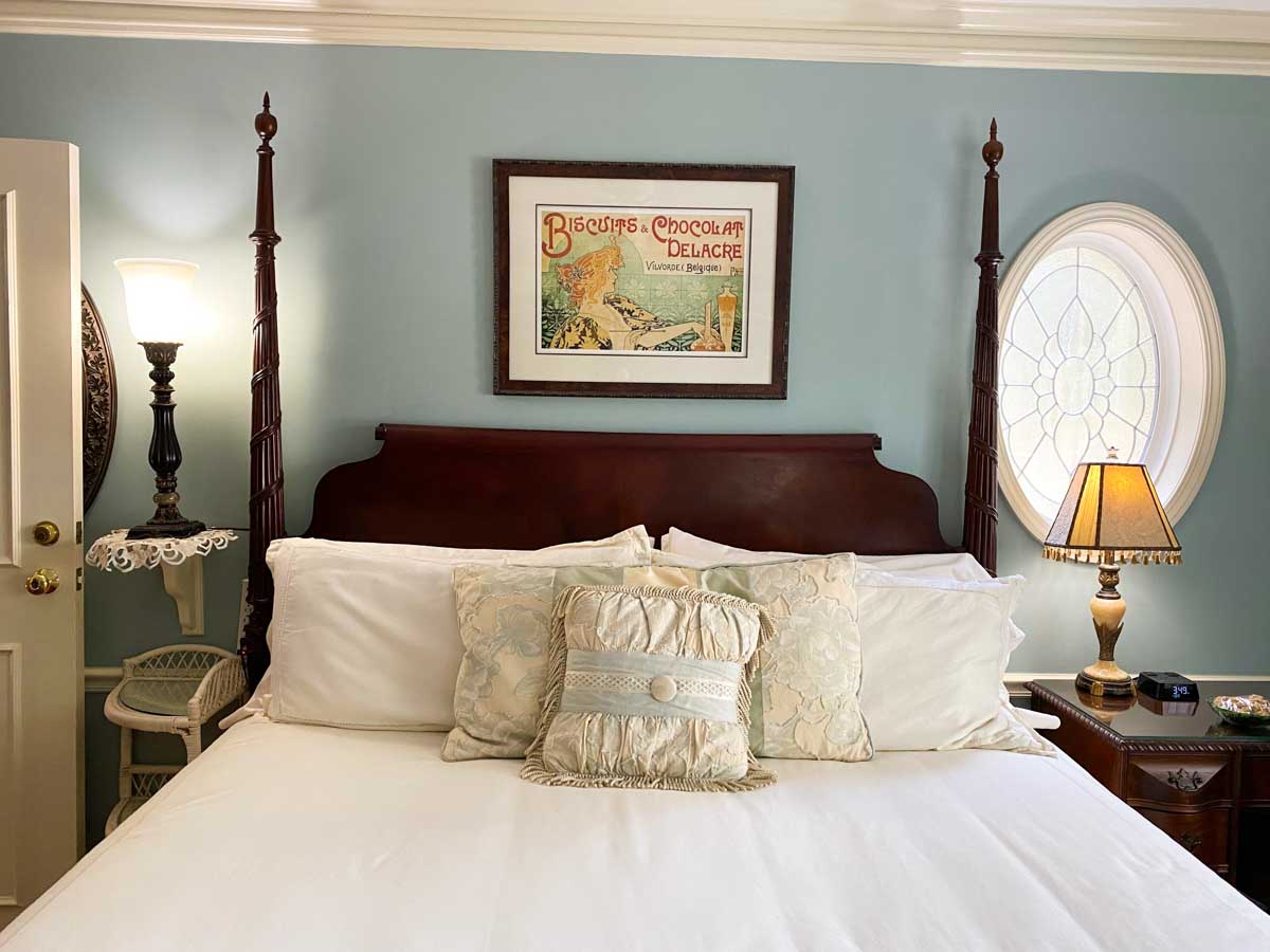 A close up of the comfortable bed in the Swan Room at Pettigru Place.