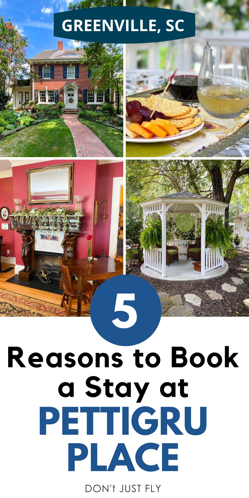 A collage of photos show all the details of the bed and breakfast in Greenville, SC.