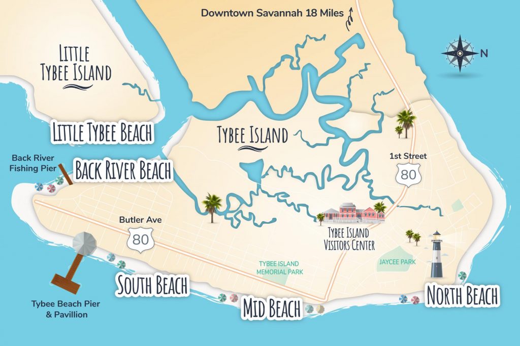 A colorful illustrated map of the beaches on Tybee Island.