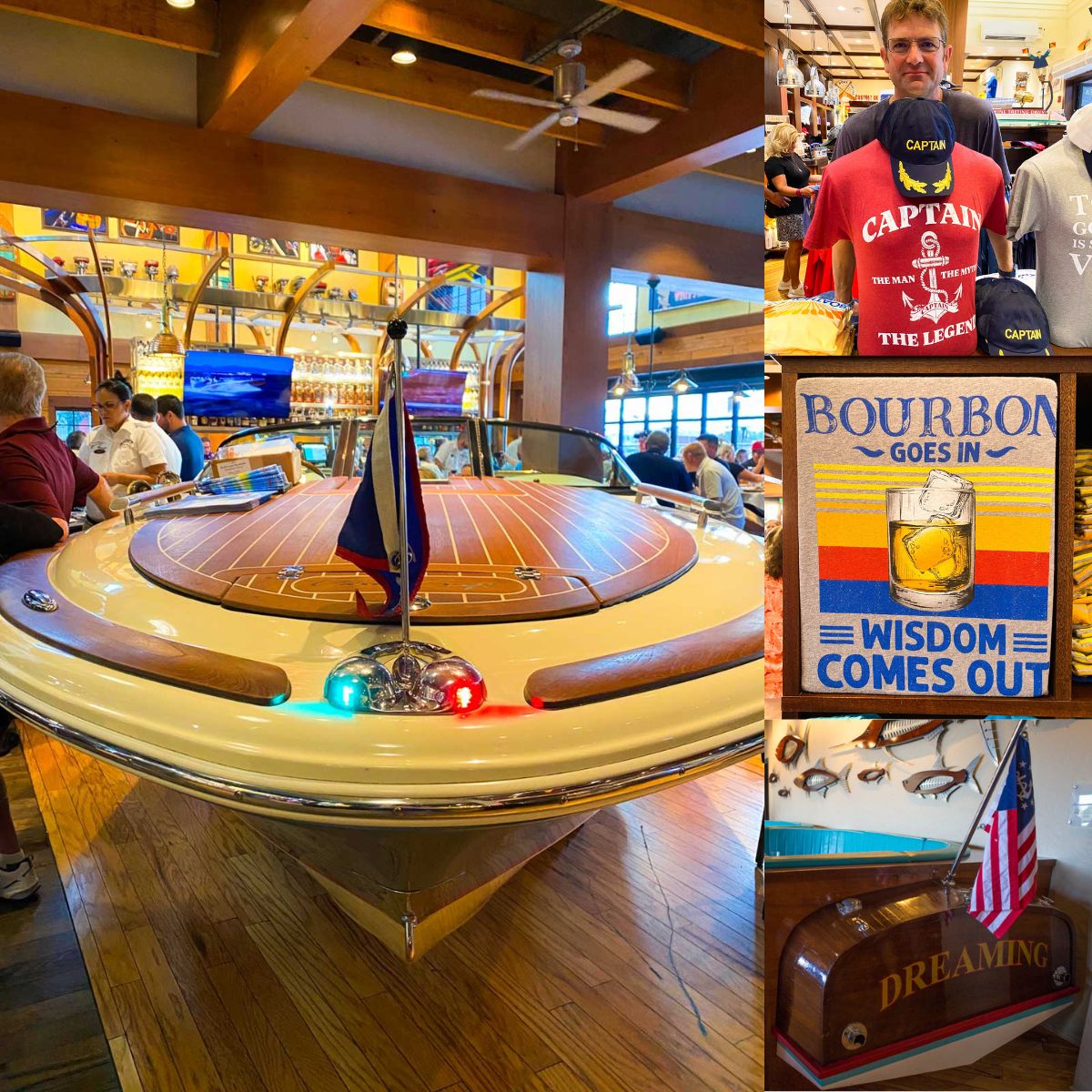 A boat shaped table and photos of items from the gift shop.