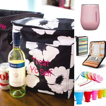 A photo collage shows a tote bag, wine glass, utensils, and cups.