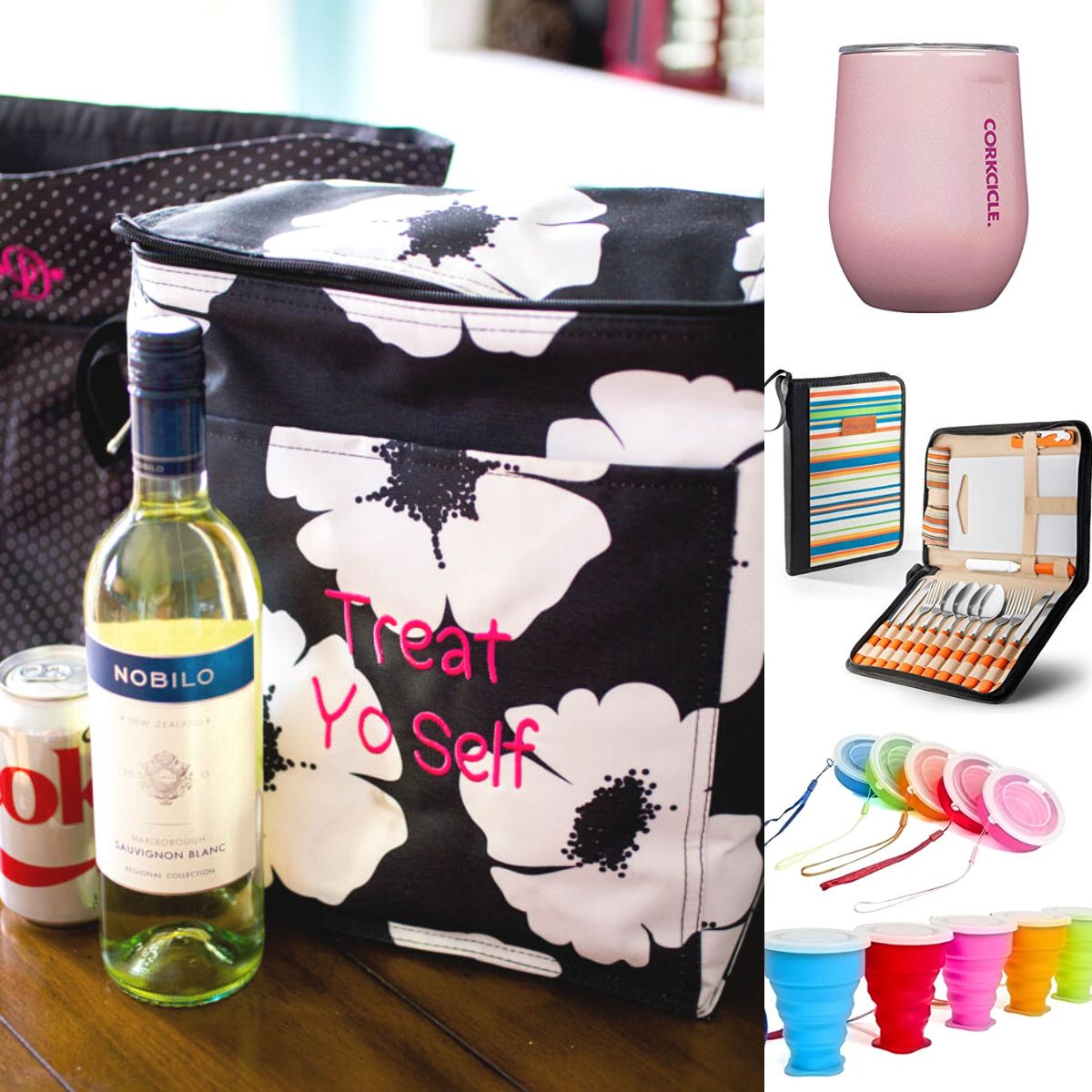 A photo collage shows a tote bag, wine glass, utensils, and cups.