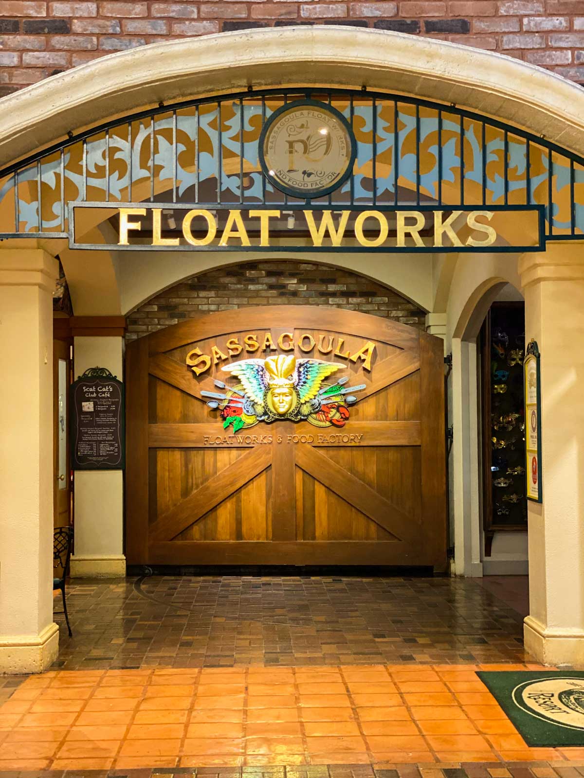 The welcome sign to the Sassagoula Float Works at Disney's Port Orleans.