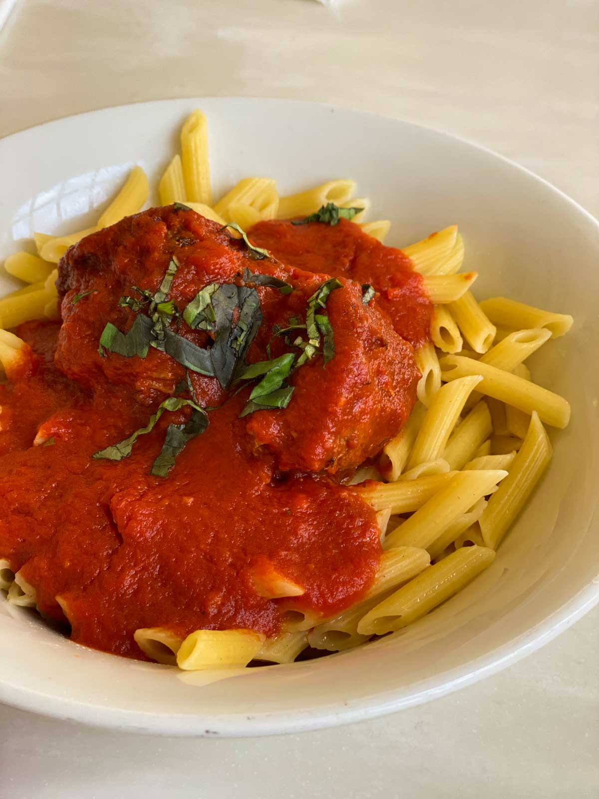 The classic Italian pasta can be substituted for the penne in this photo.