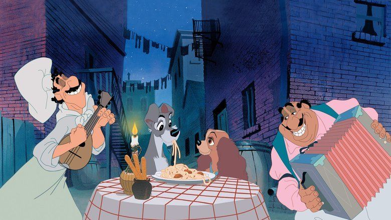 The famous spaghetti scene from Lady and the Tramp.