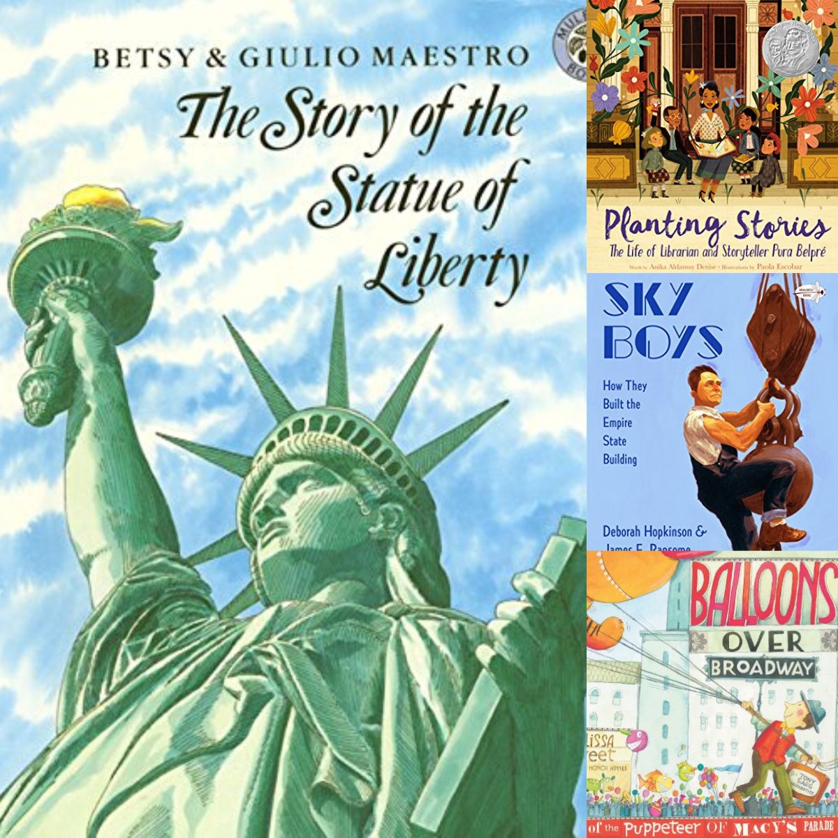 A photo collage shows several picture book covers with the Statue of Liberty, Broadway, and Skyscrapers on the covers.