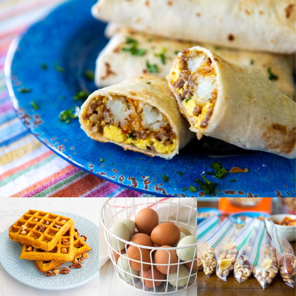 A photo collage shows several easy breakfast in the car ideas you can grab and go.