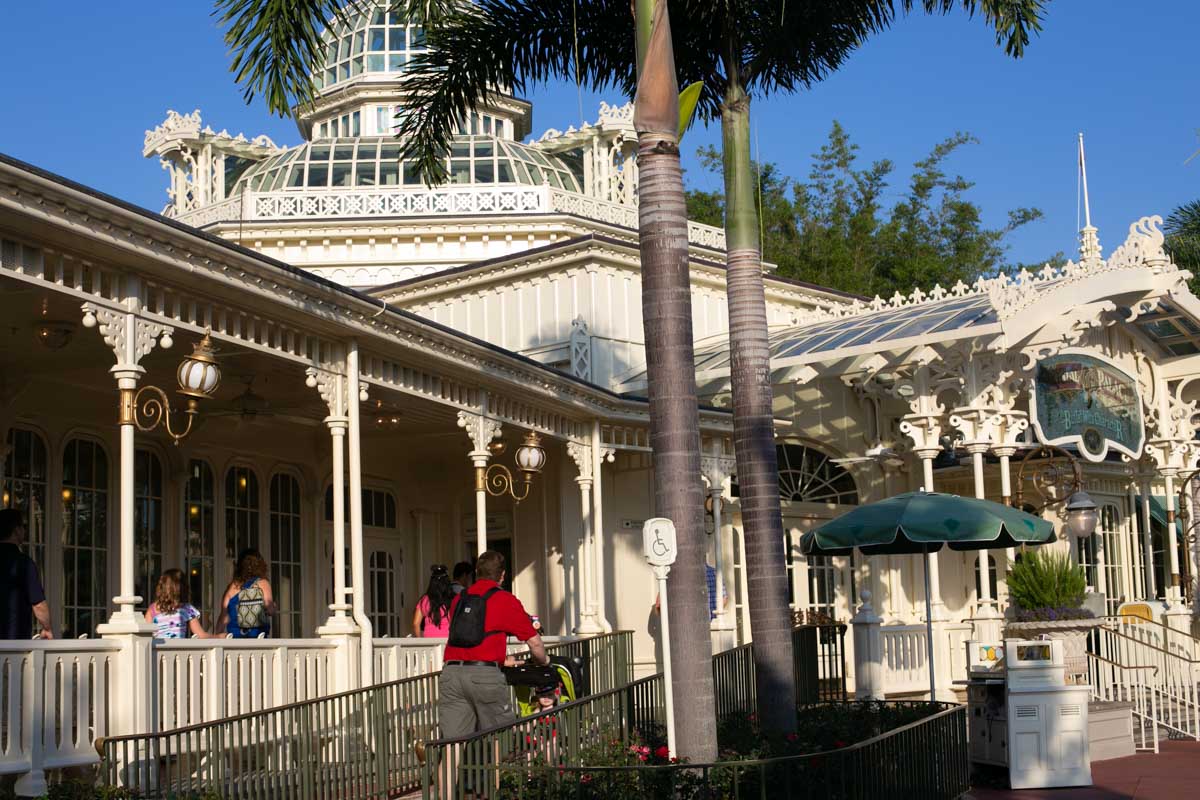 The outside of The Crystal Palace Restaurant in Magic Kingdom