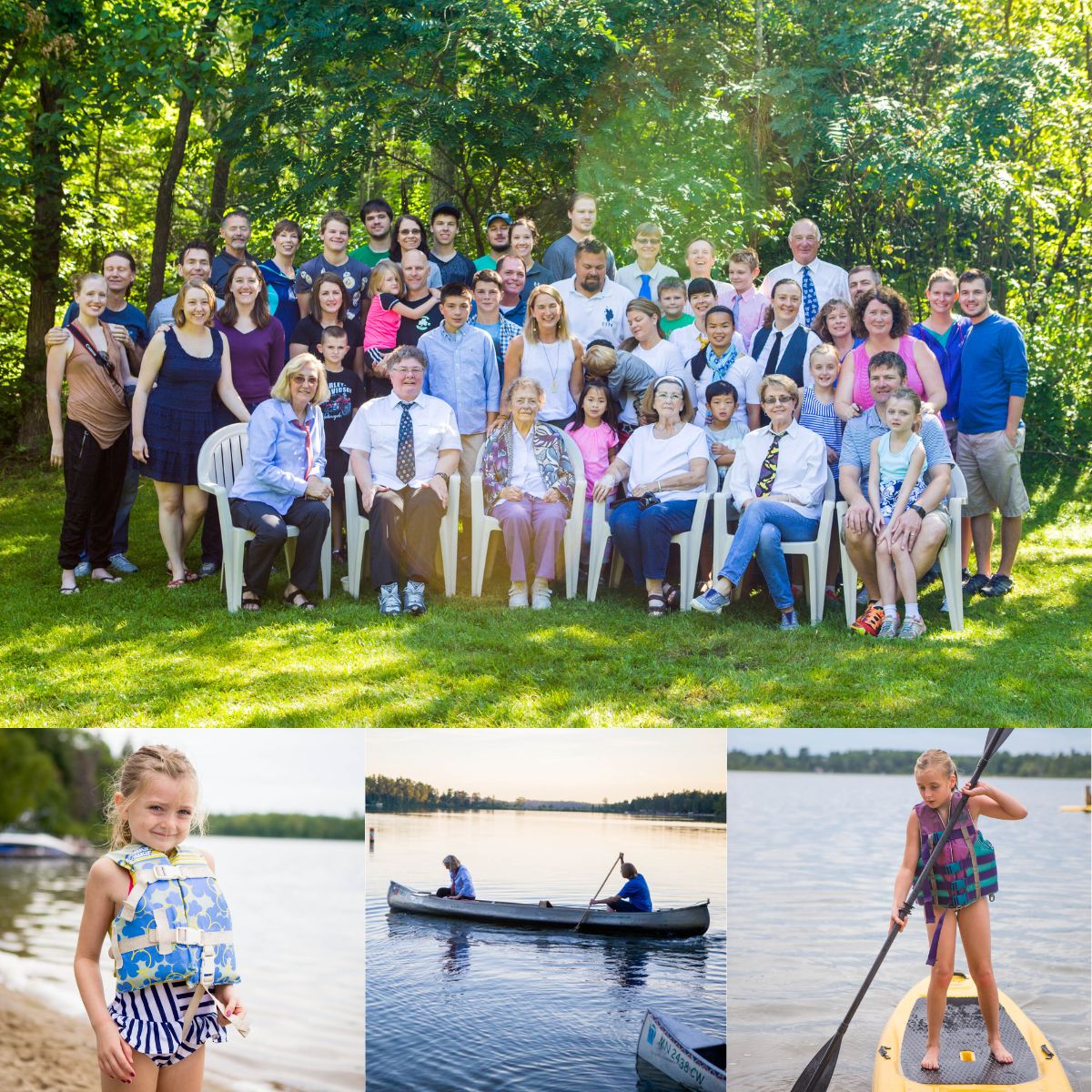 Photo collage shows a huge family reunion next to shots of kids playing in the lake.
