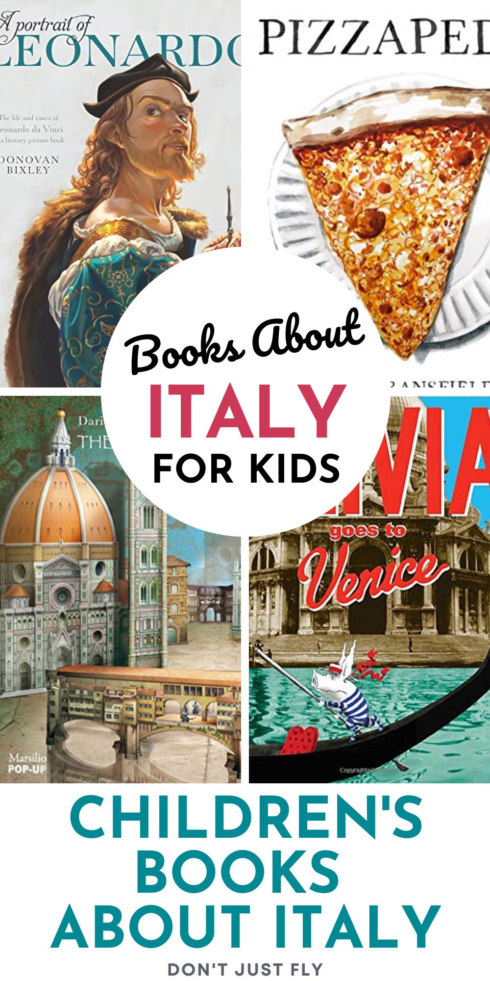 The photo collage shows several picture books about Italy.