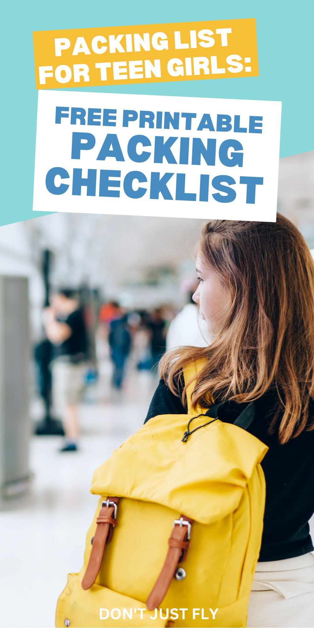 A girl with a yellow back pack walks through an airport.