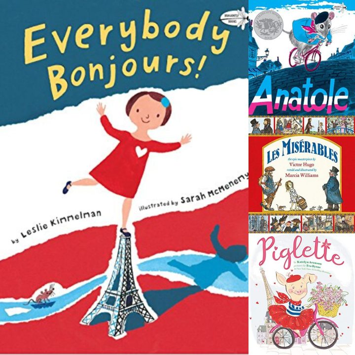 A photo collage shows several picture book covers for books about Paris for kids.